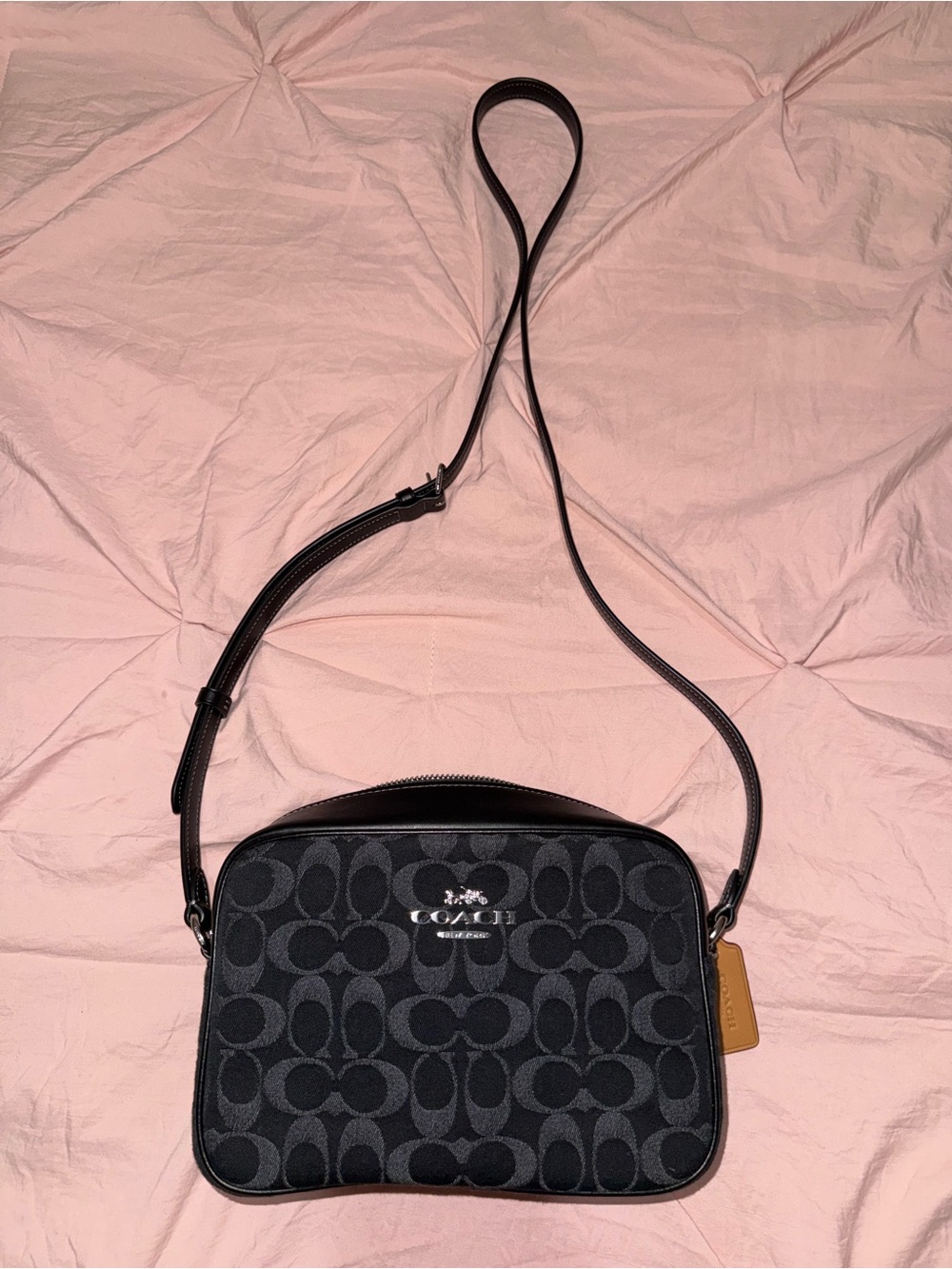 Coach Black Crossbody Camera Bag in Denim Signature Jacquard